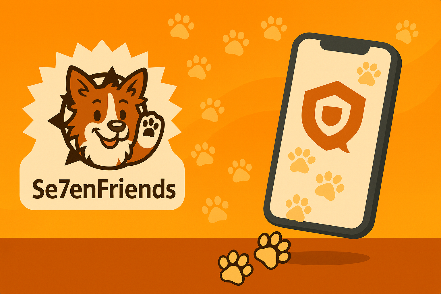 Se7enFriends banner showing mascot, paw prints, and privacy-respecting phone